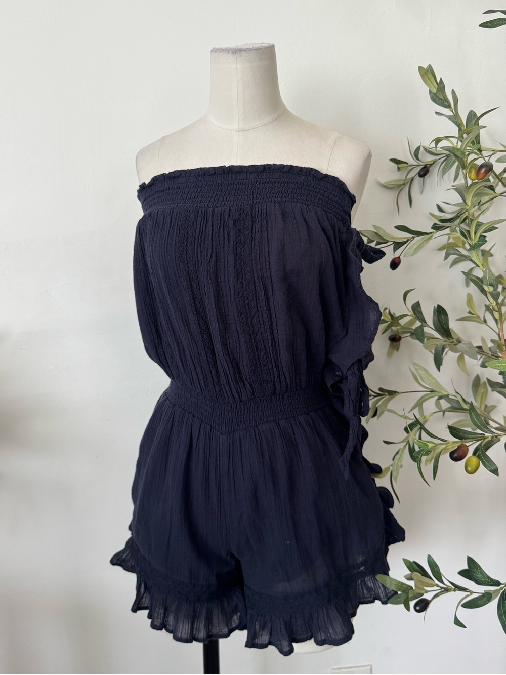 Free‎ People Navy Blue Strapless Ruffle Romper Tie Sleeve Cotton Gauze XS